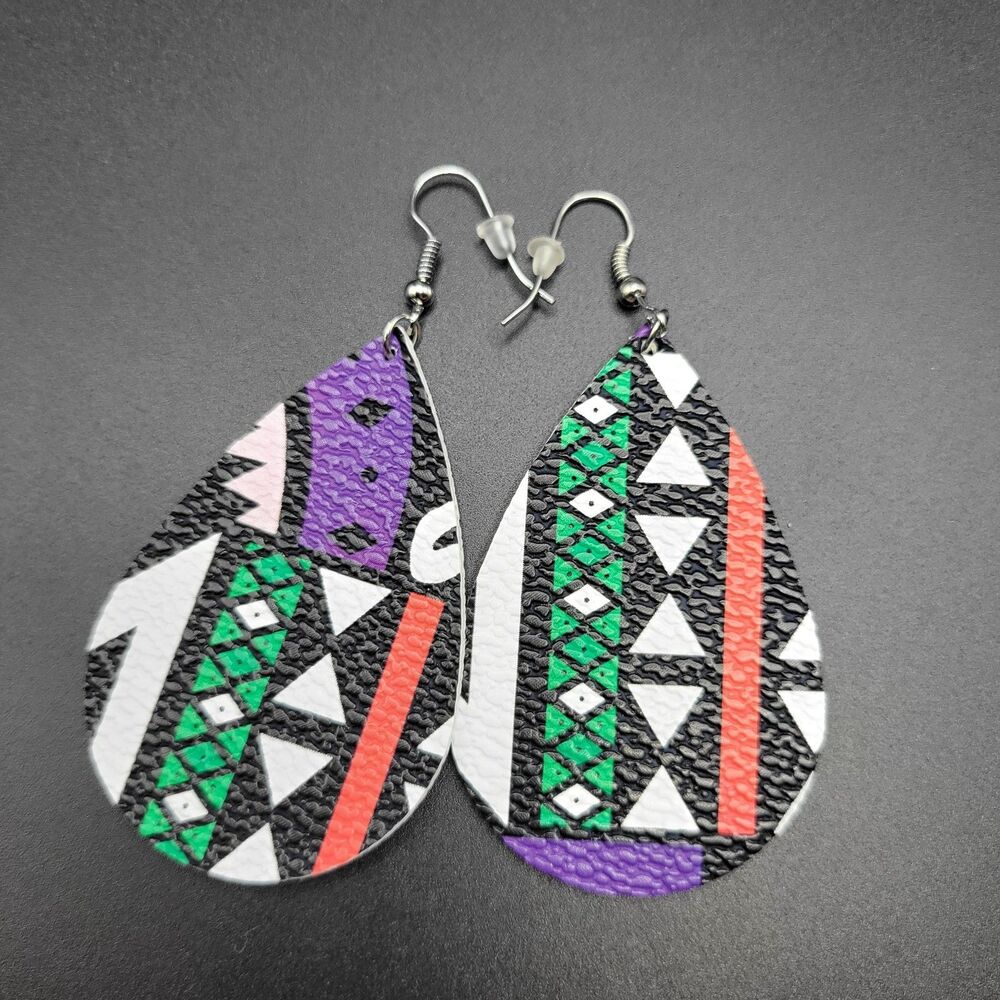 Large Teardrop Women Multicolor Faux Leather African Print Dangle Hook Earrings